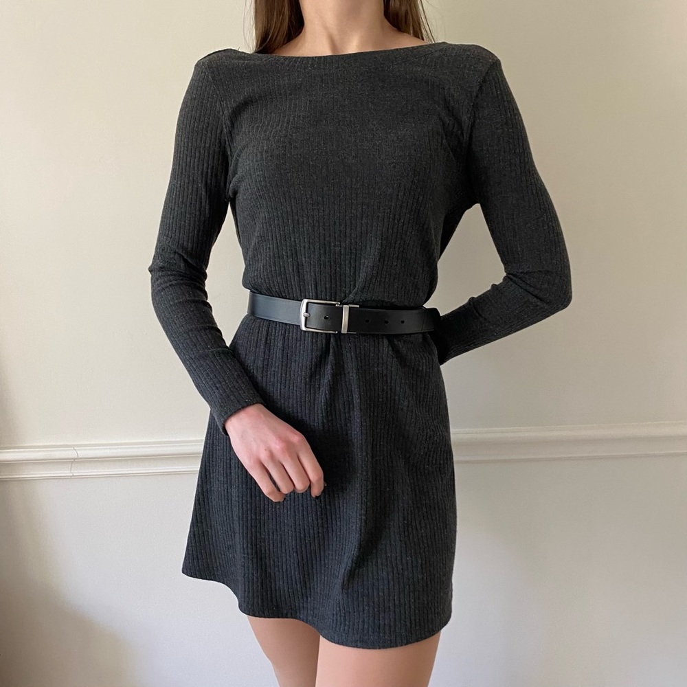 ONE CLOTHING Grey Boat Neck Loose Fit Ribbed Sweater Dress - Size Medium